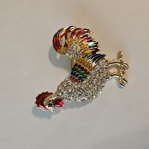 Colorful Enamel & Rhinestone Rooster Brooch